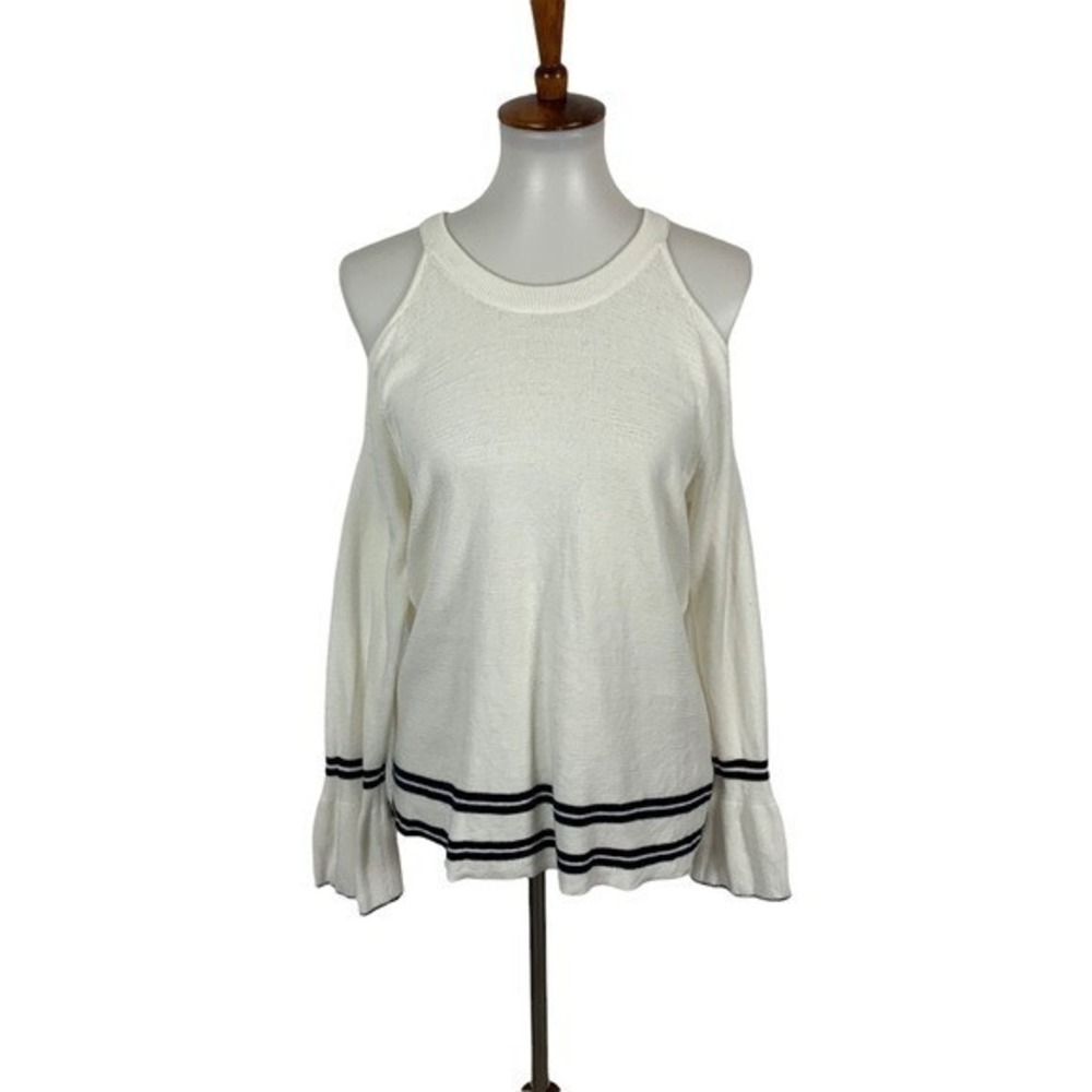 Honey Punch Cold Shoulder‎ Knit Sweater Flare Sleeve White Black Trim Small
